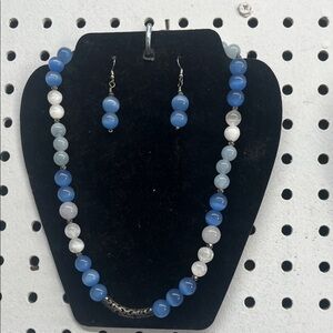 All natural Elegant Blue and White Beaded Necklace and Earring Set